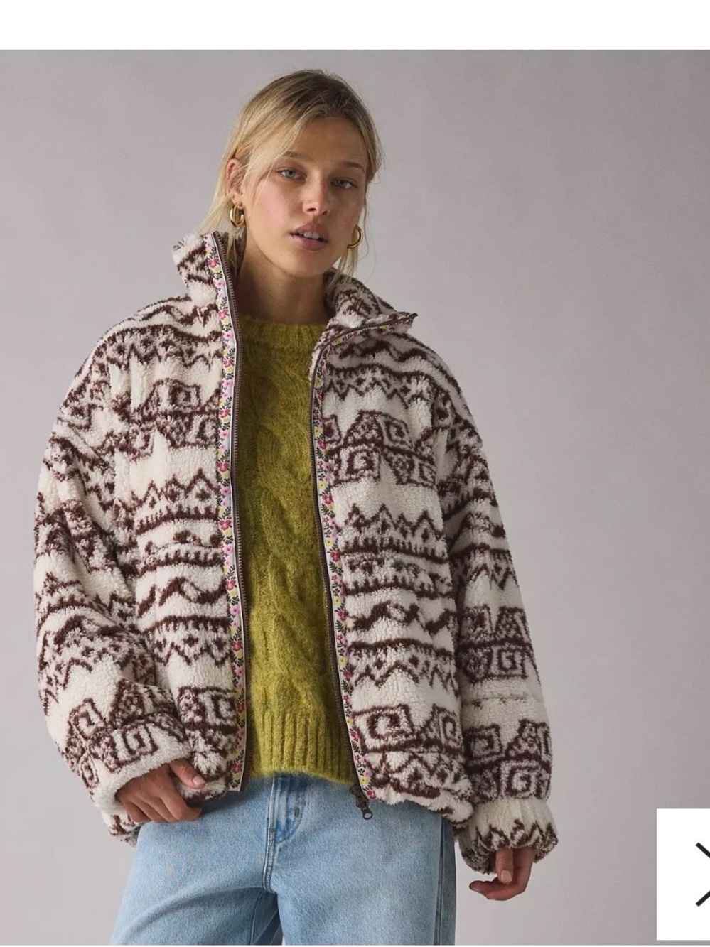 BDG Cream & Brown Patterned Teddy Sherpa Zip Jacket